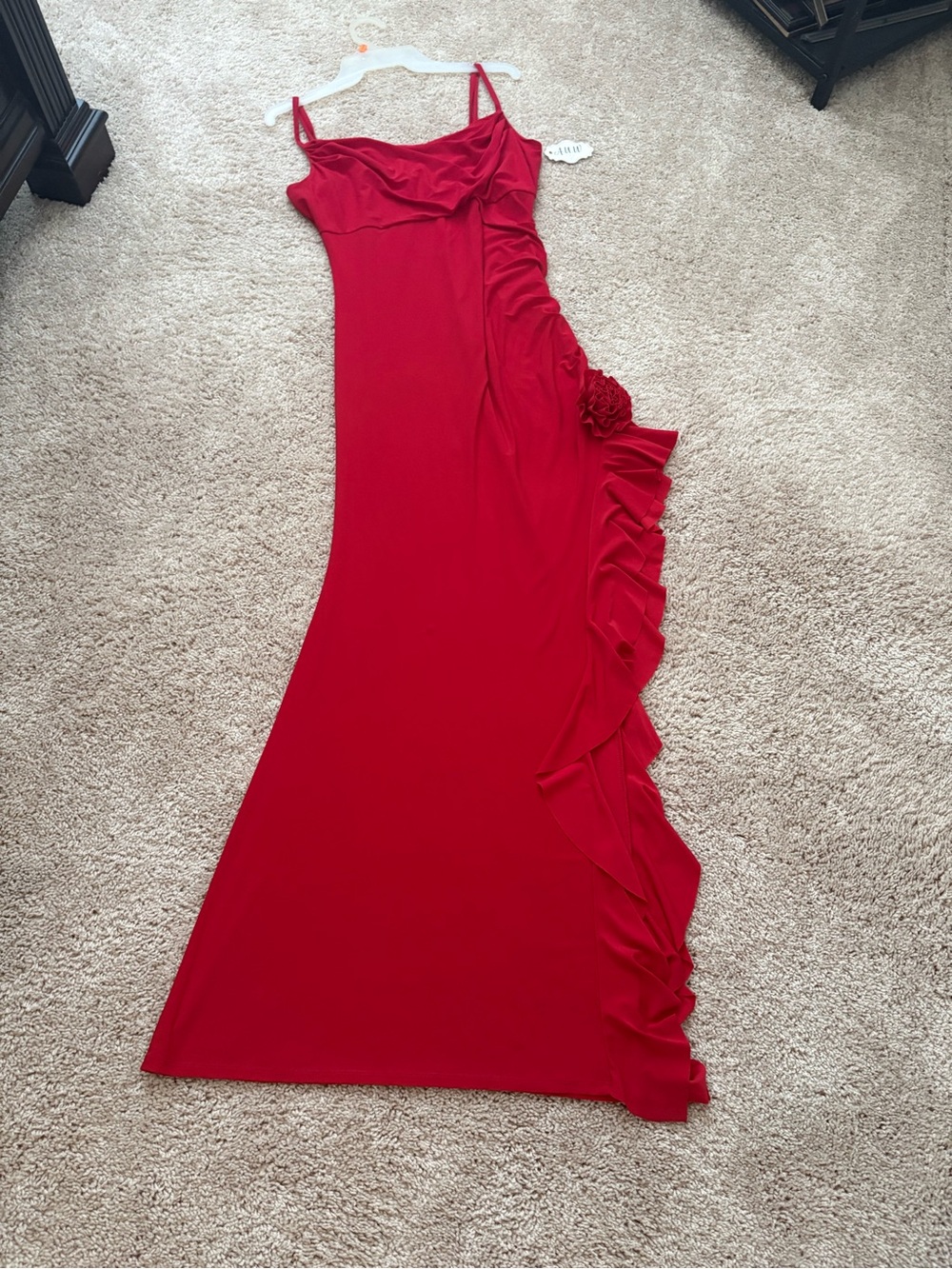 Red One-Shoulder Ruffle Evening Gown